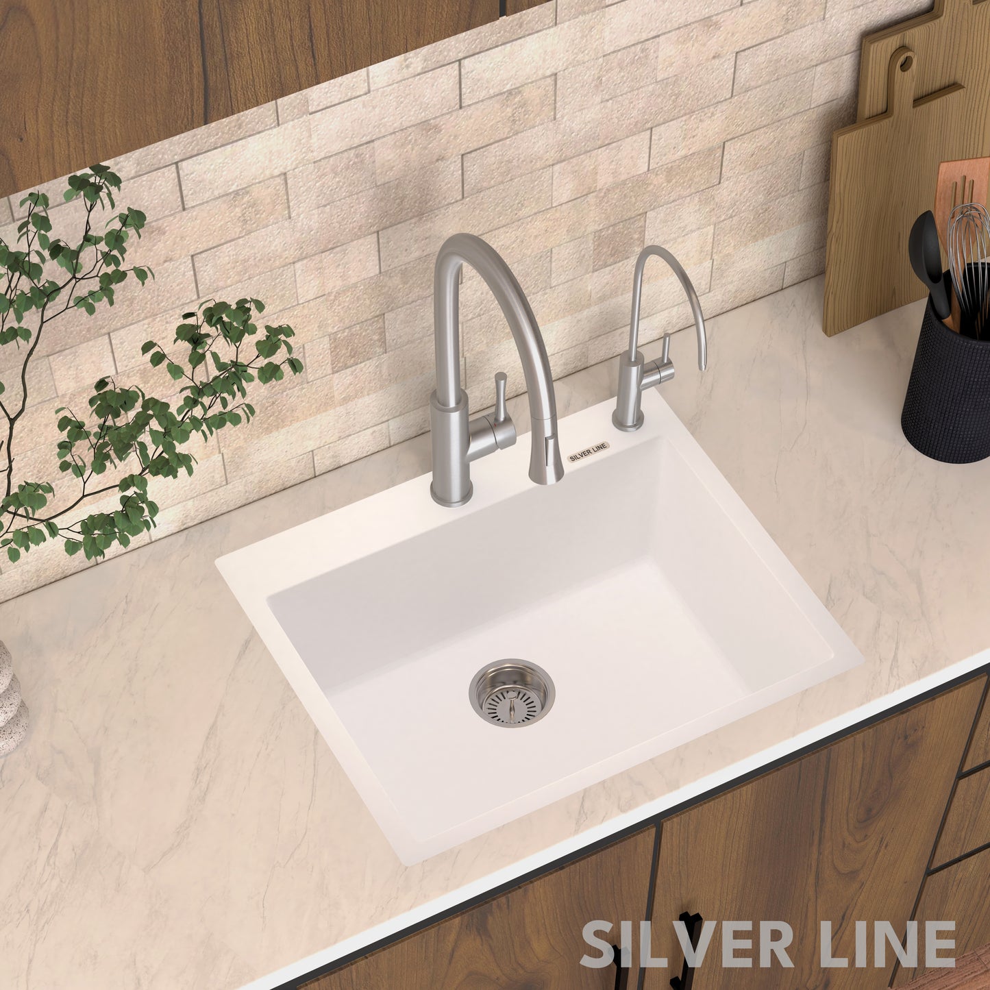 German Quartz Single Bowl Kitchen Sink with Faucet Deck- Snow White (24" x 20" x 9")