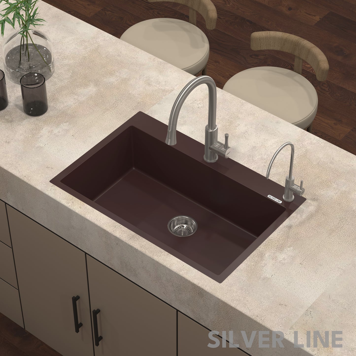 German Quartz Single Bowl Kitchen Sink with Faucet Deck- Coffee (31" x 20" x 9")