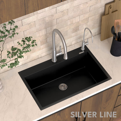 German Quartz Single Bowl Kitchen Sink with Faucet Deck- Midnight Black (31" x 20" x 9")