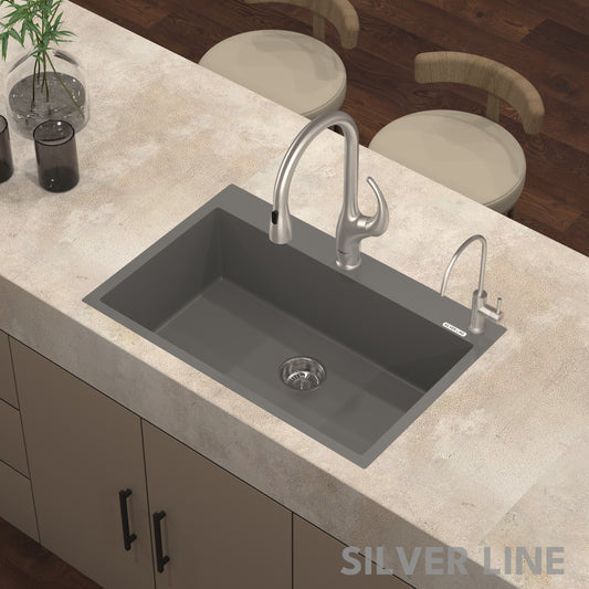 German Quartz Single Bowl Kitchen Sink with Faucet Deck- Slate (31" x 20" x 9")