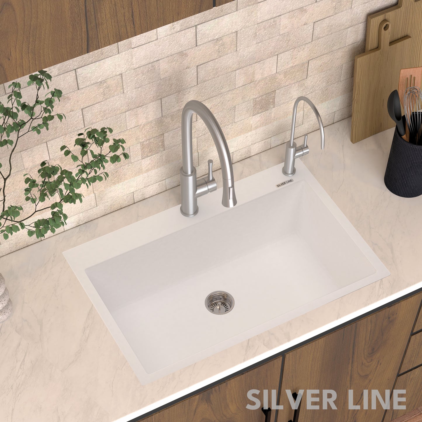 German Quartz Single Bowl Kitchen Sink with Faucet Deck- Snow White (31" x 20" x 9")