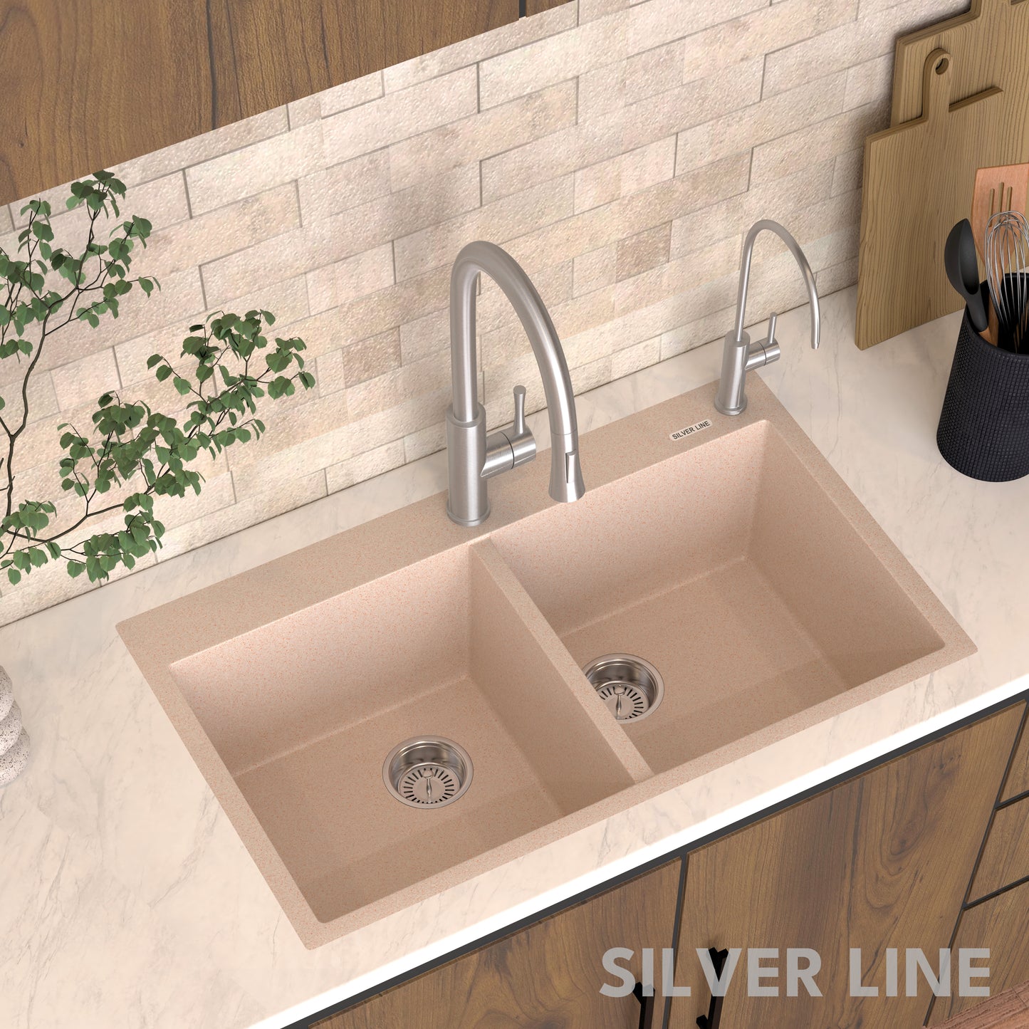 German Quartz Double Bowl Kitchen Sink with Faucet Deck - Cornflakes (34" x 20" x 9")