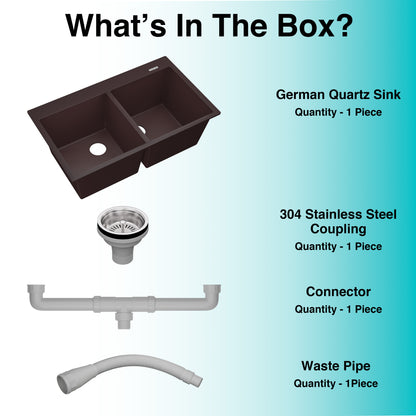 German Quartz Double Bowl Kitchen Sink with Faucet Deck - Coffee (34" x 20" x 9")