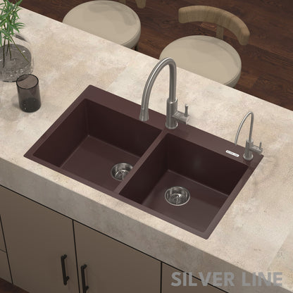 German Quartz Double Bowl Kitchen Sink with Faucet Deck - Coffee (34" x 20" x 9")