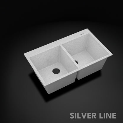 German Quartz Double Bowl Kitchen Sink with Faucet Deck - Crater (34" x 20" x 9")