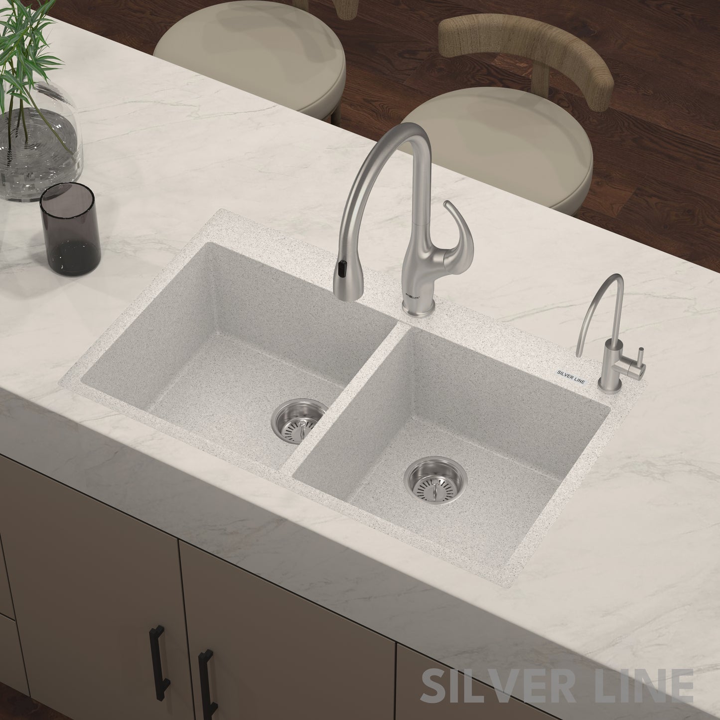 German Quartz Double Bowl Kitchen Sink with Faucet Deck - Crater (34" x 20" x 9")