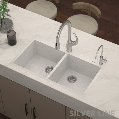 German Quartz Double Bowl Kitchen Sink with Faucet Deck - Crater (34" x 20" x 9")