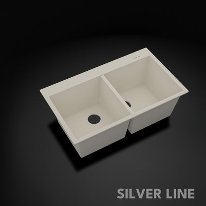 German Quartz Double Bowl Kitchen Sink with Faucet Deck - Ivory (34" x 20" x 9")
