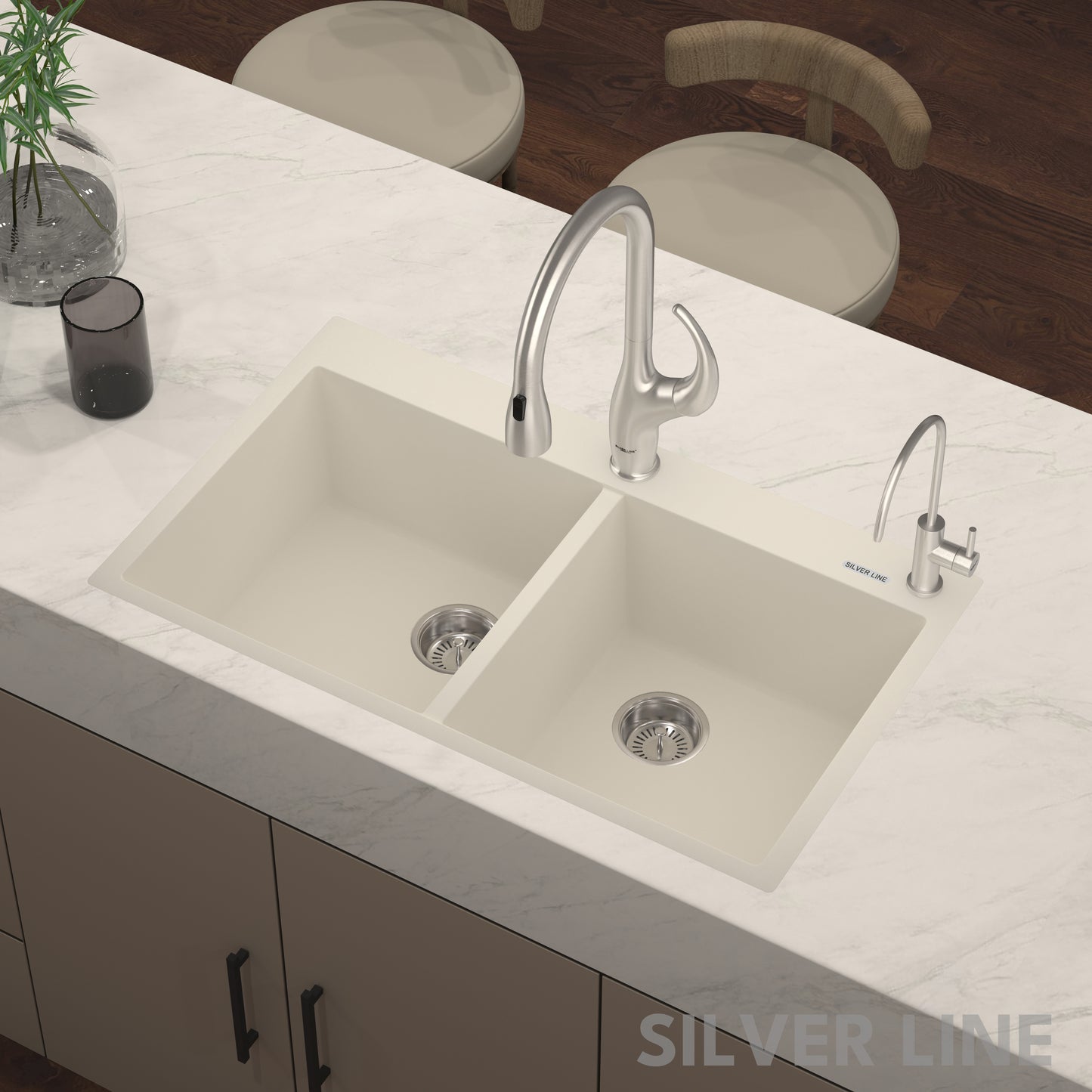 German Quartz Double Bowl Kitchen Sink with Faucet Deck - Ivory (34" x 20" x 9")