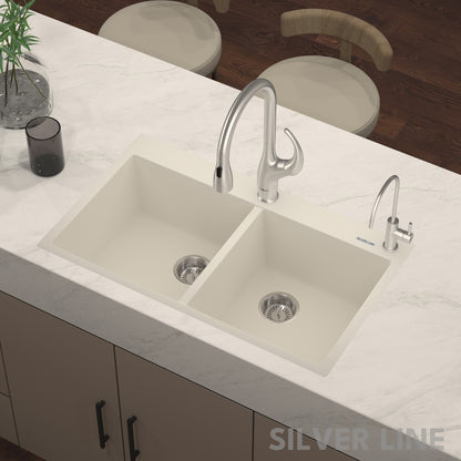 German Quartz Double Bowl Kitchen Sink with Faucet Deck - Ivory (34" x 20" x 9")