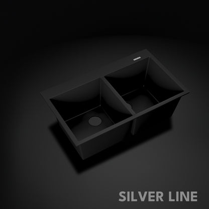 German Quartz Double Bowl Kitchen Sink with Faucet Deck - Midnight Black (34" x 20" x 9")