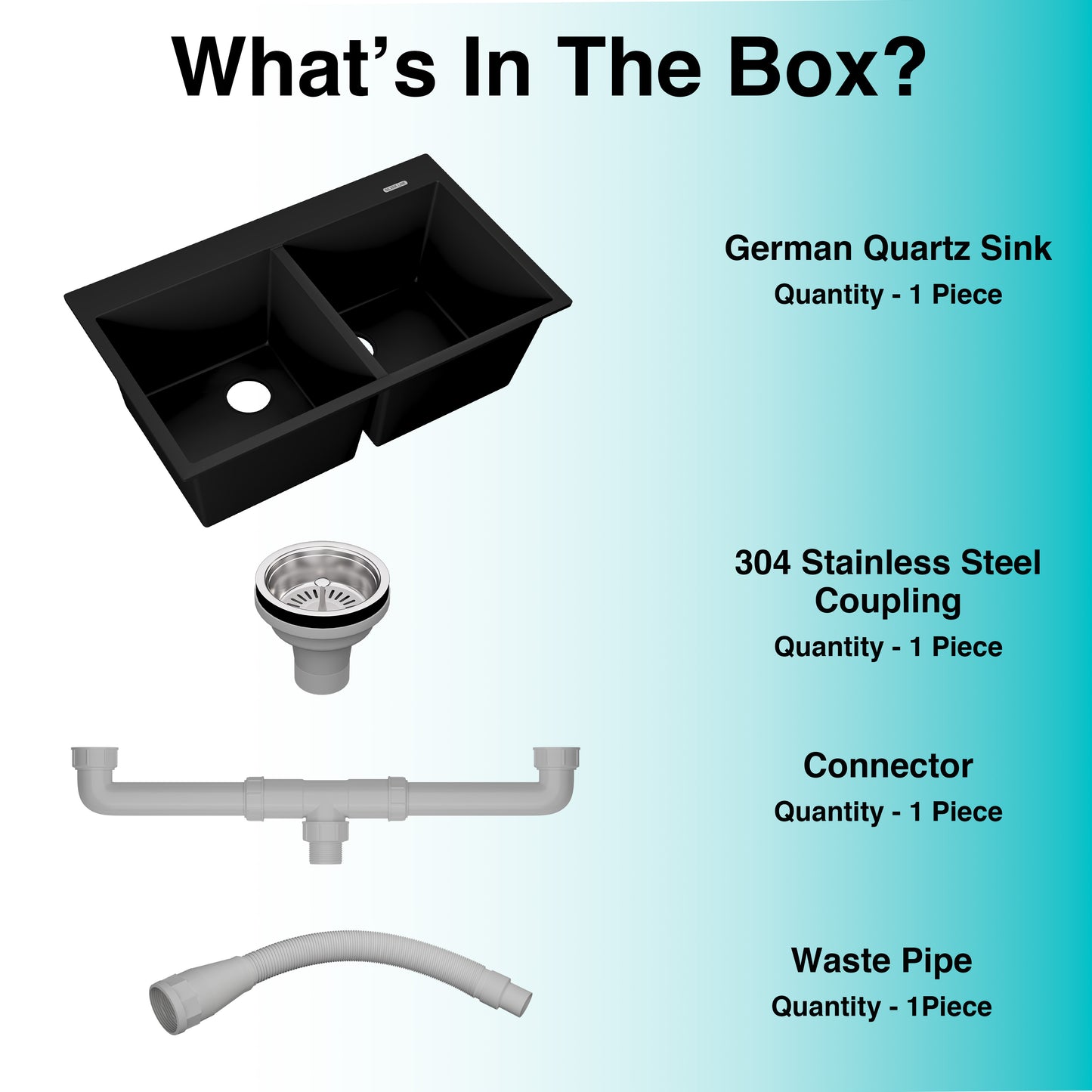 German Quartz Double Bowl Kitchen Sink with Faucet Deck - Midnight Black (34" x 20" x 9")