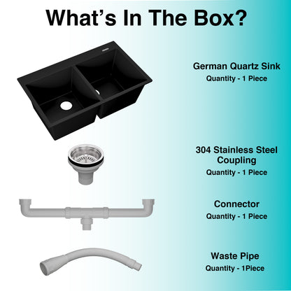 German Quartz Double Bowl Kitchen Sink with Faucet Deck - Midnight Black (34" x 20" x 9")