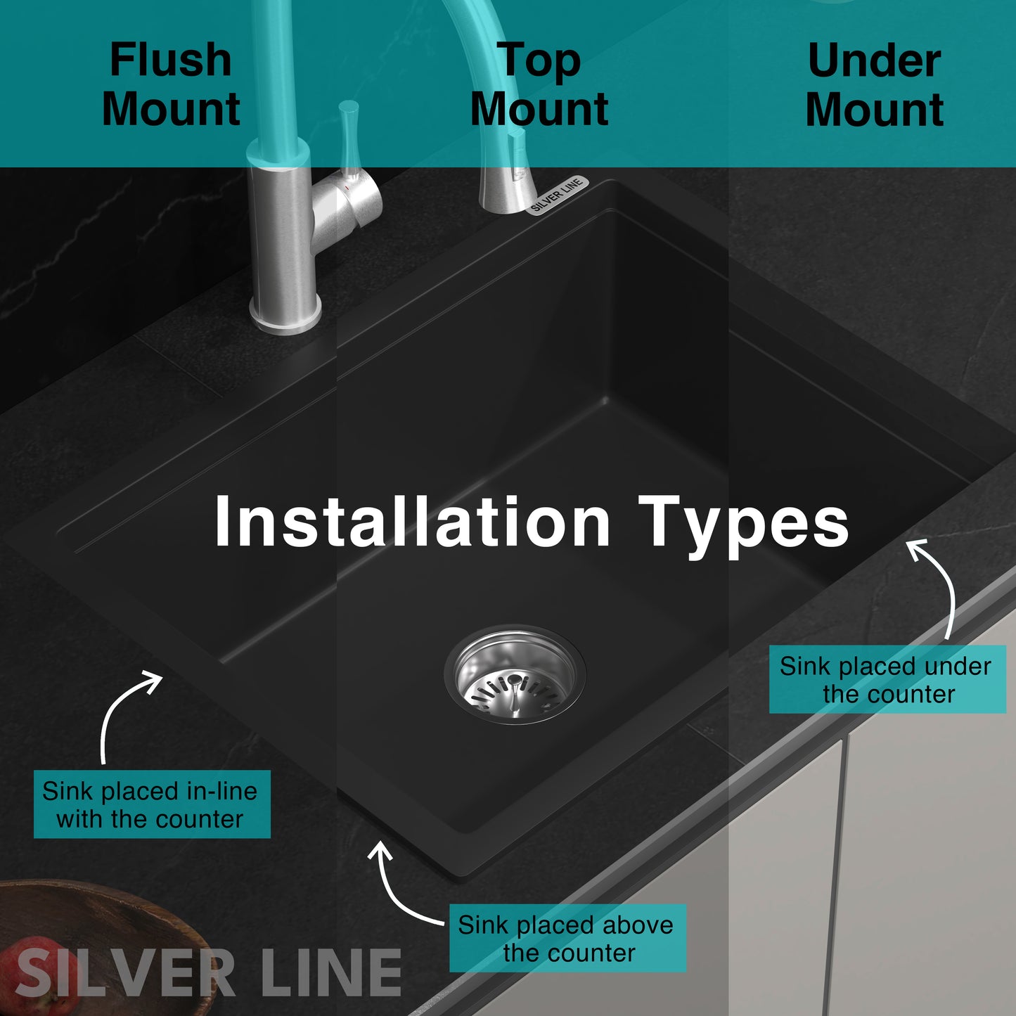 German Quartz Double Bowl Kitchen Sink with Faucet Deck - Midnight Black (34" x 20" x 9")