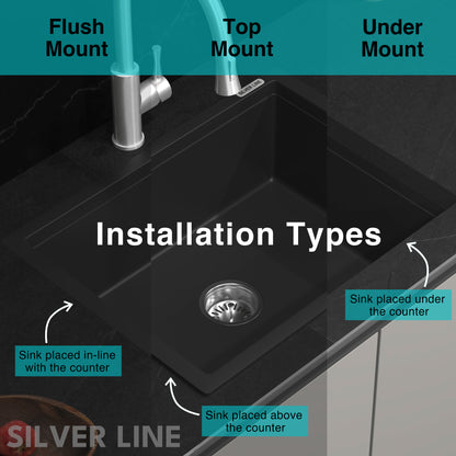 German Quartz Double Bowl Kitchen Sink with Faucet Deck - Midnight Black (34" x 20" x 9")