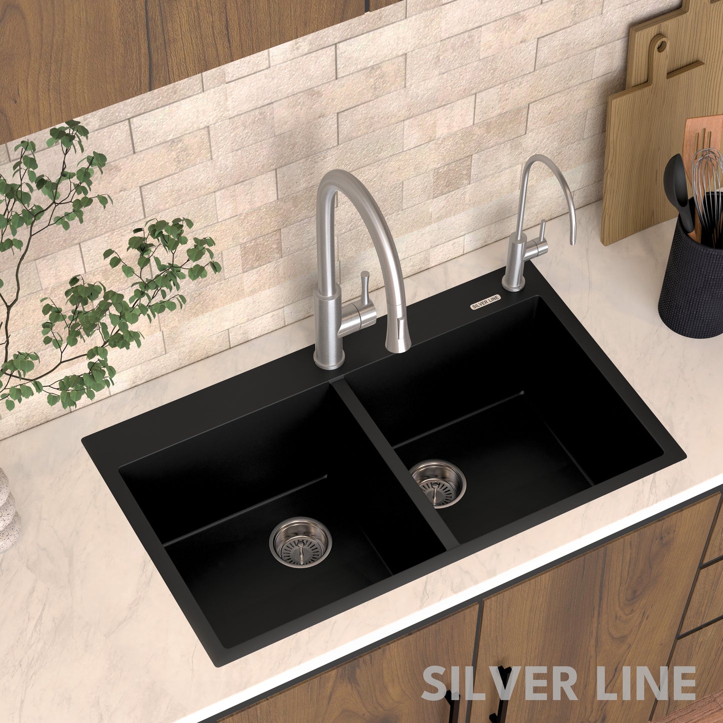 German Quartz Double Bowl Kitchen Sink with Faucet Deck - Midnight Black (34" x 20" x 9")