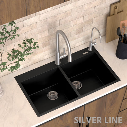 German Quartz Double Bowl Kitchen Sink with Faucet Deck - Midnight Black (34" x 20" x 9")