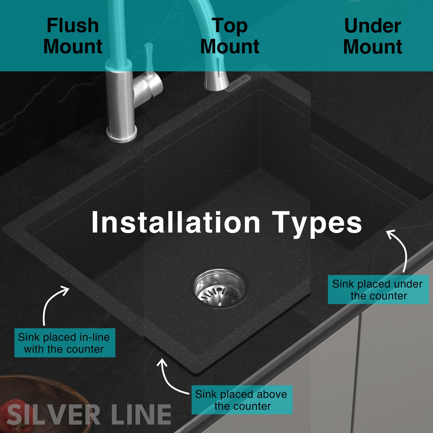 German Quartz Double Bowl Kitchen Sink with Faucet Deck - Starry Night (34" x 20" x 9")