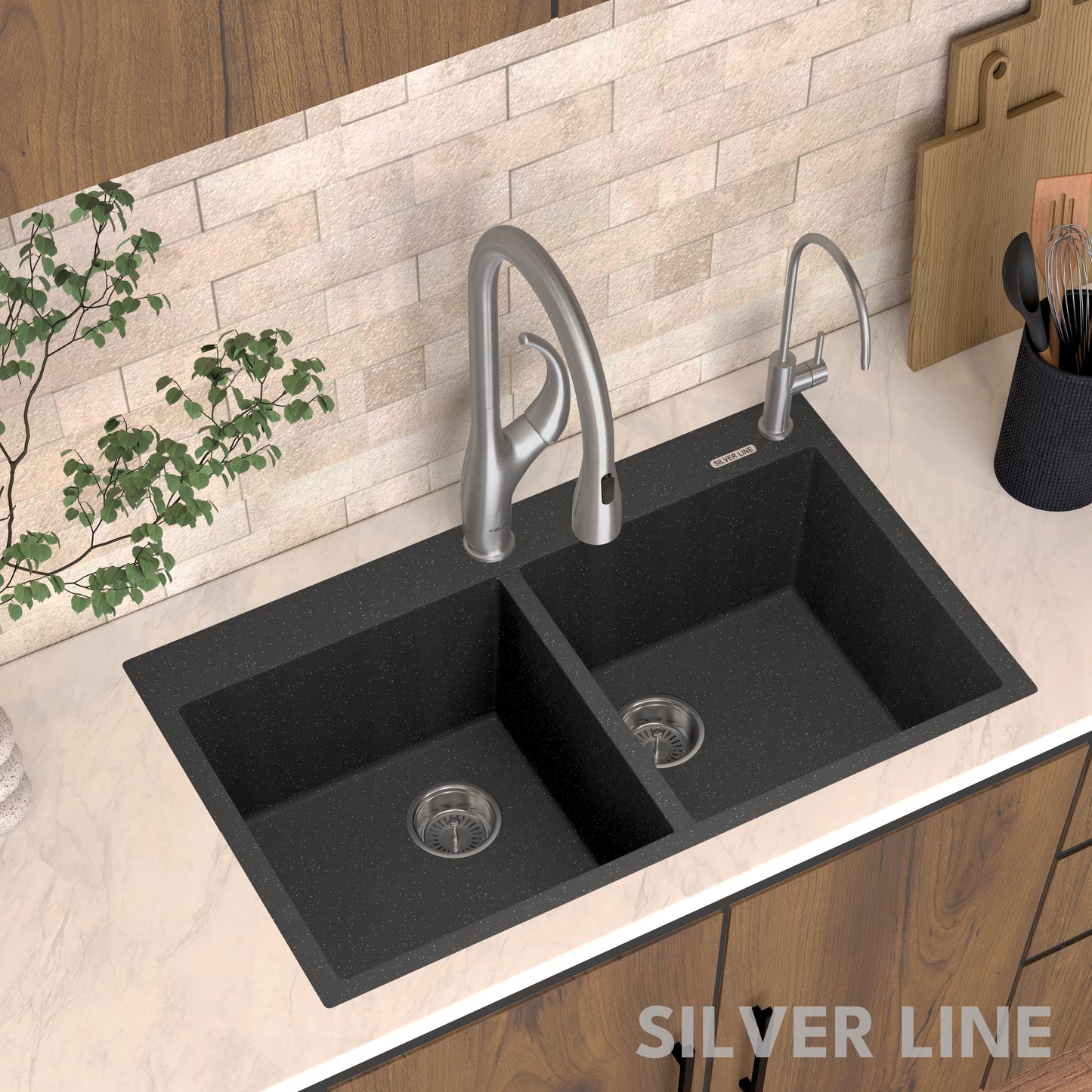 German Quartz Double Bowl Kitchen Sink with Faucet Deck - Starry Night (34" x 20" x 9")