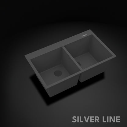German Quartz Double Bowl Kitchen Sink with Faucet Deck - Slate (34" x 20" x 9")