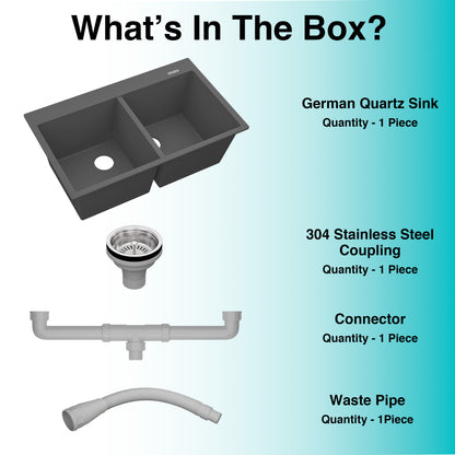 German Quartz Double Bowl Kitchen Sink with Faucet Deck - Slate (34" x 20" x 9")
