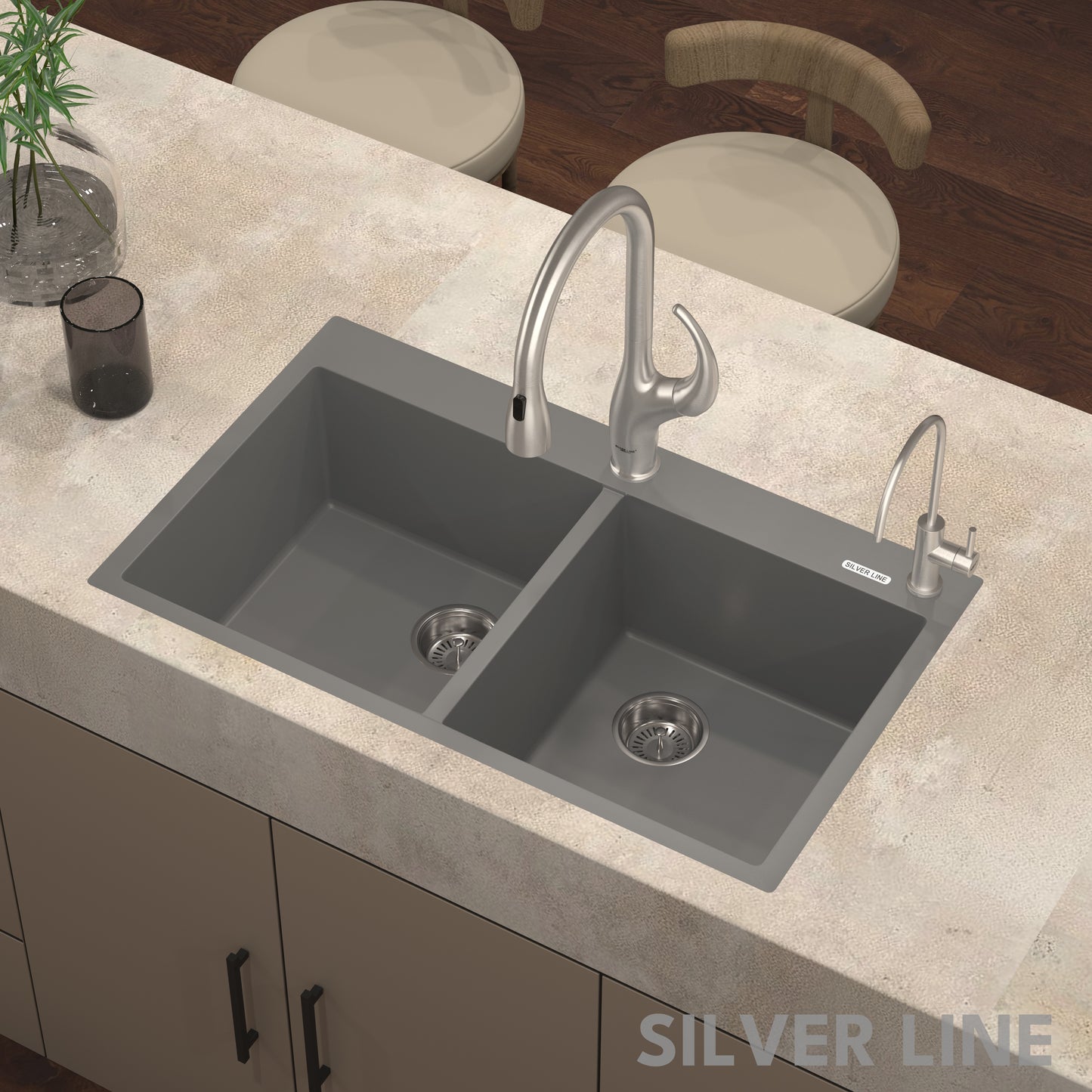 German Quartz Double Bowl Kitchen Sink with Faucet Deck - Slate (34" x 20" x 9")