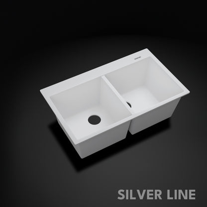 German Quartz Double Bowl Kitchen Sink with Faucet Deck - Snow White (34" x 20" x 9")