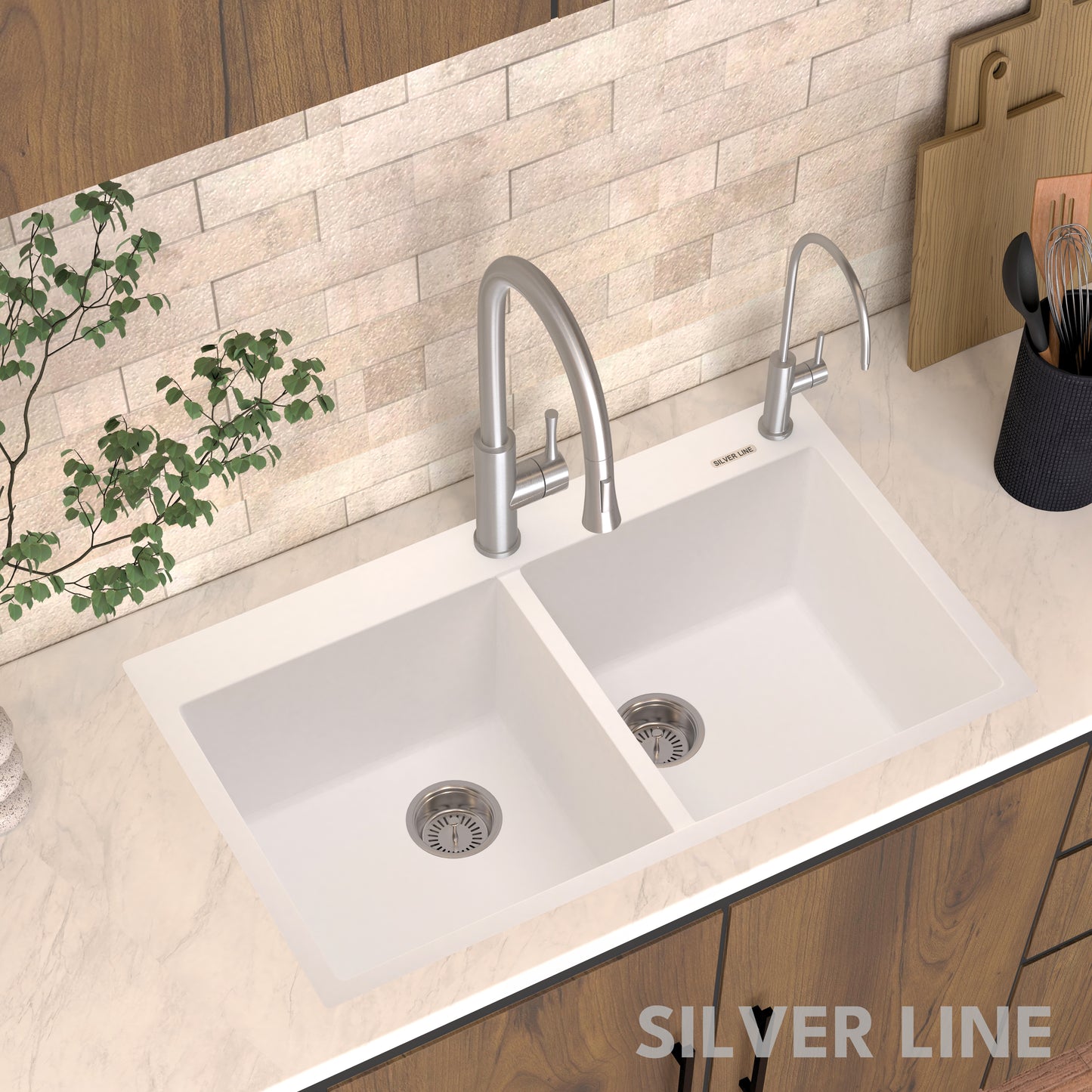 German Quartz Double Bowl Kitchen Sink with Faucet Deck - Snow White (34" x 20" x 9")