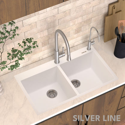 German Quartz Double Bowl Kitchen Sink with Faucet Deck - Snow White (34" x 20" x 9")
