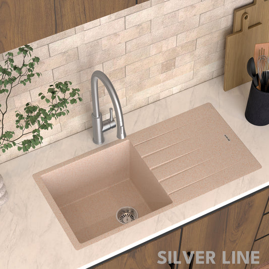 German Quartz Single Bowl Kitchen Sink with Drain Board - Cornflakes (36" x 18" x 9")