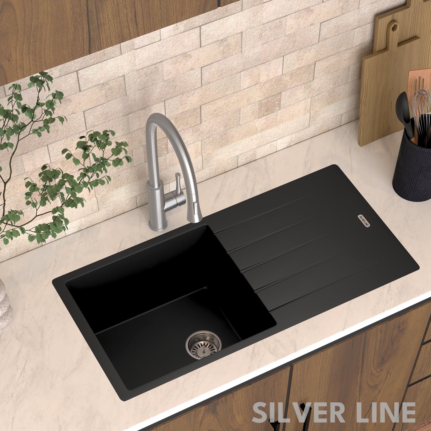 German Quartz Single Bowl Kitchen Sink with Drain Board - Midnight Black (36" x 18" x 9")