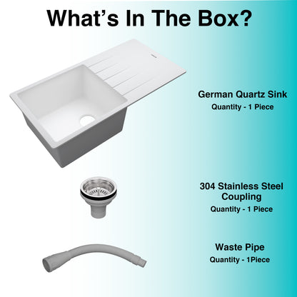 German Quartz Single Bowl Kitchen Sink with Drain Board - Snow White (36" x 18" x 9")
