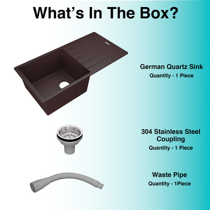 German Quartz Single Bowl Kitchen Sink with Drain Board - Coffee (36" x 18" x 9")