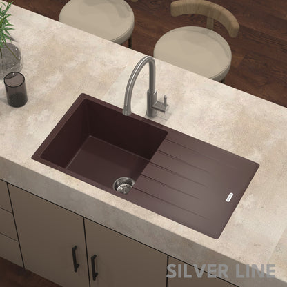German Quartz Single Bowl Kitchen Sink with Drain Board - Coffee (36" x 18" x 9")