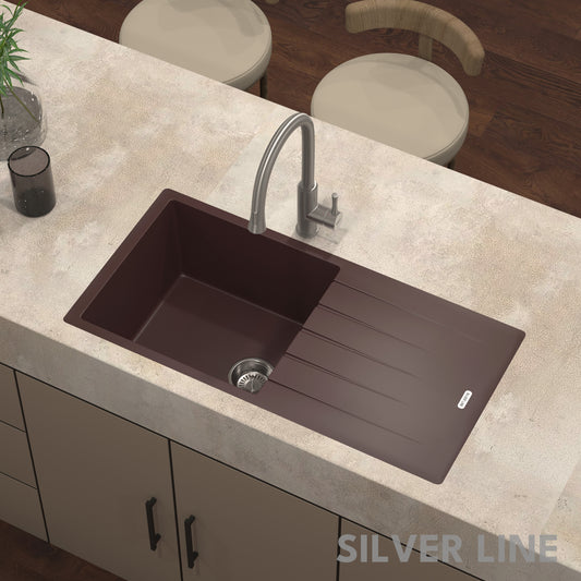 German Quartz Single Bowl Kitchen Sink with Drain Board - Coffee (36" x 18" x 9")