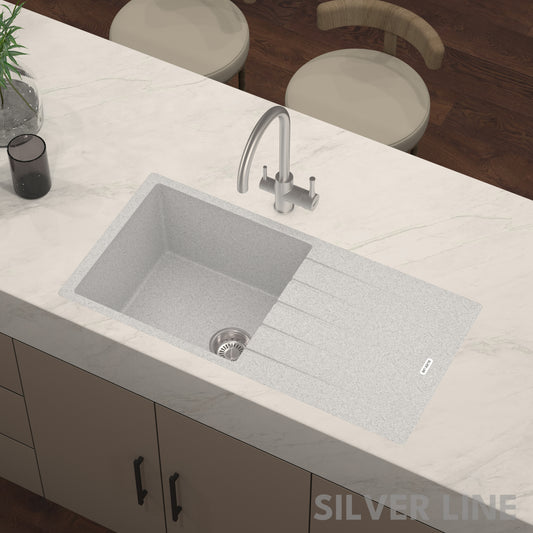 German Quartz Single Bowl Kitchen Sink with Drain Board - Crater (36" x 18" x 9")