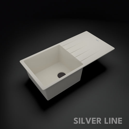 German Quartz Single Bowl Kitchen Sink with Drain Board - Ivory (36" x 18" x 9")