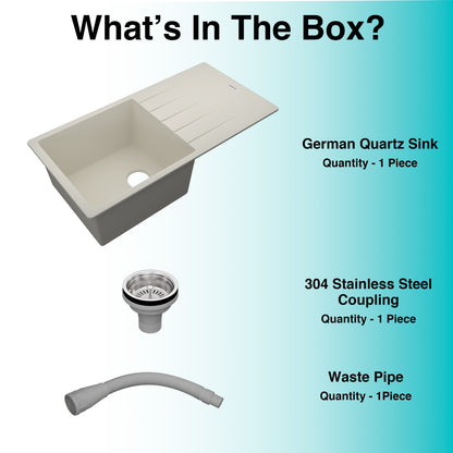 German Quartz Single Bowl Kitchen Sink with Drain Board - Ivory (36" x 18" x 9")