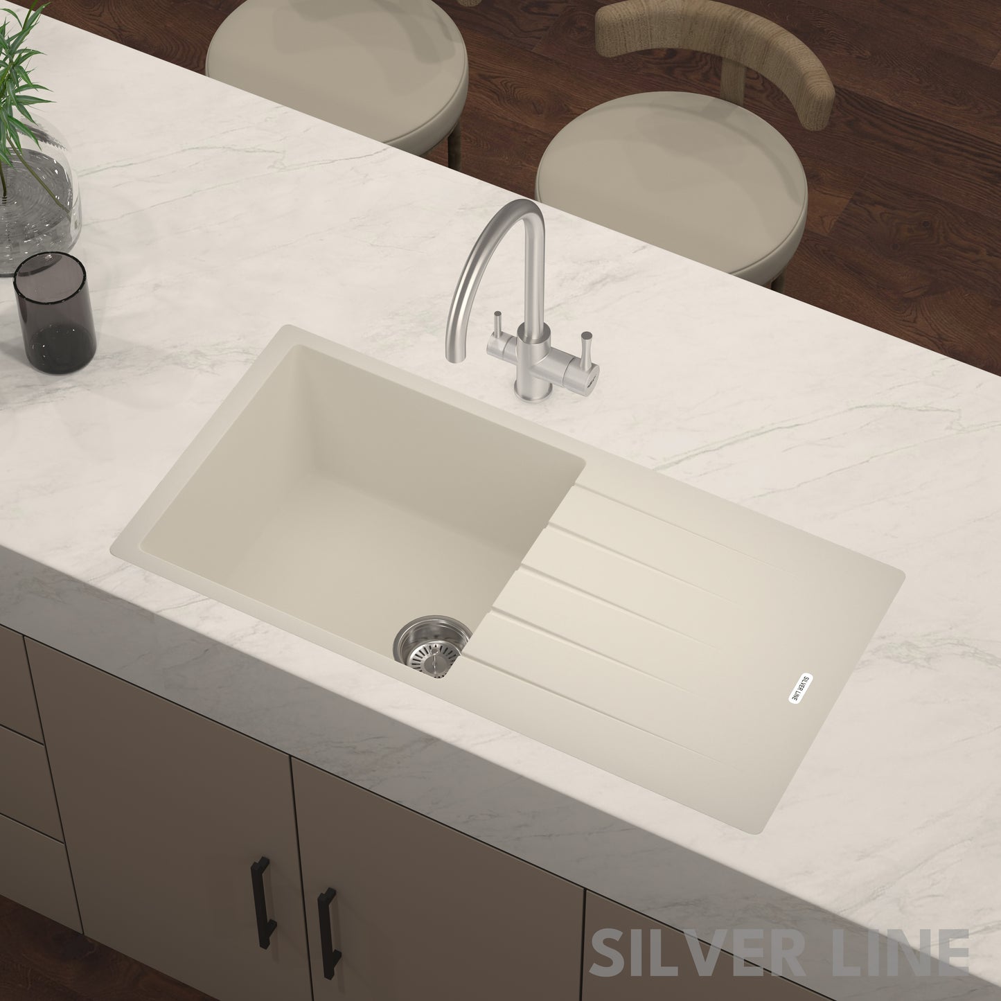 German Quartz Single Bowl Kitchen Sink with Drain Board - Ivory (36" x 18" x 9")
