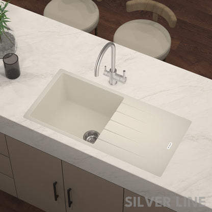 German Quartz Single Bowl Kitchen Sink with Drain Board - Ivory (36" x 18" x 9")
