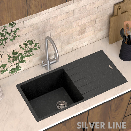 German Quartz Single Bowl Kitchen Sink with Drain Board - Starry Night (36" x 18" x 9")