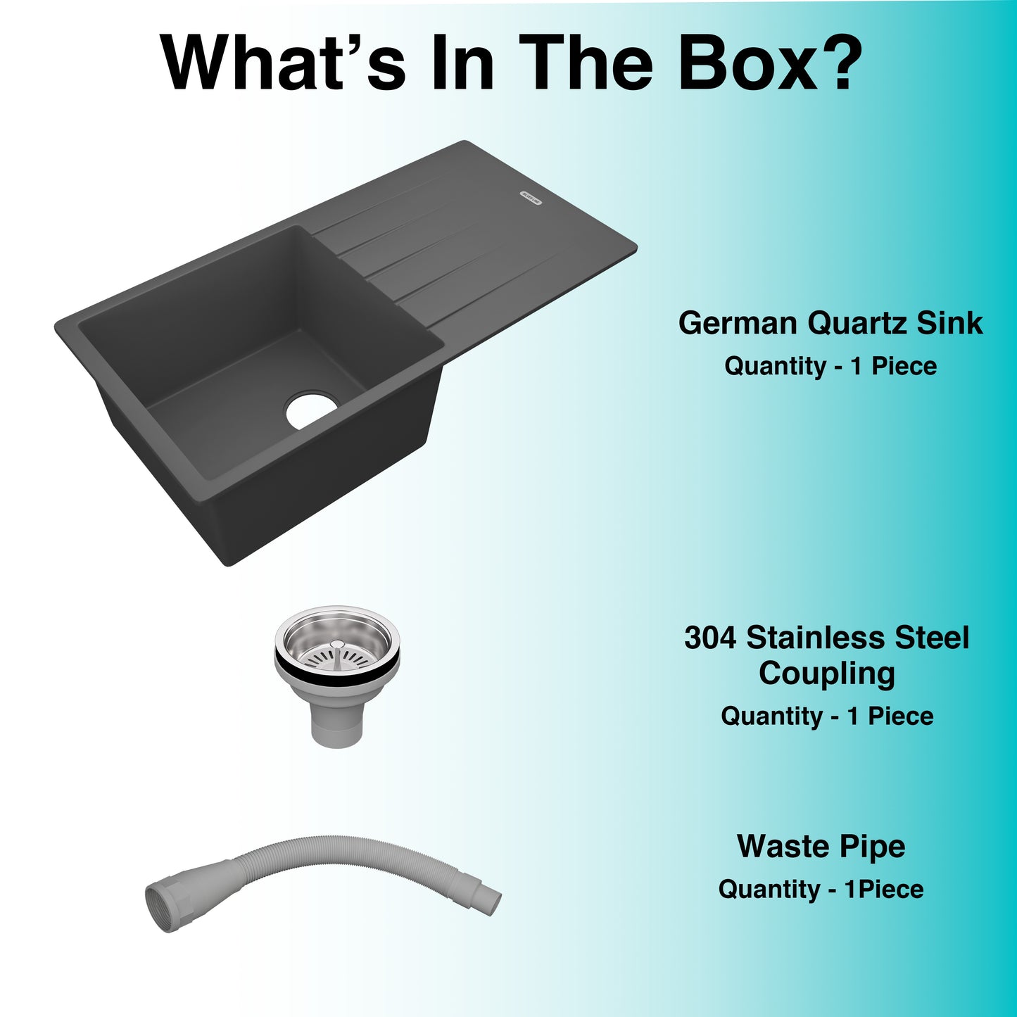 German Quartz Single Bowl Kitchen Sink with Drain Board - Slate (36" x 18" x 9")