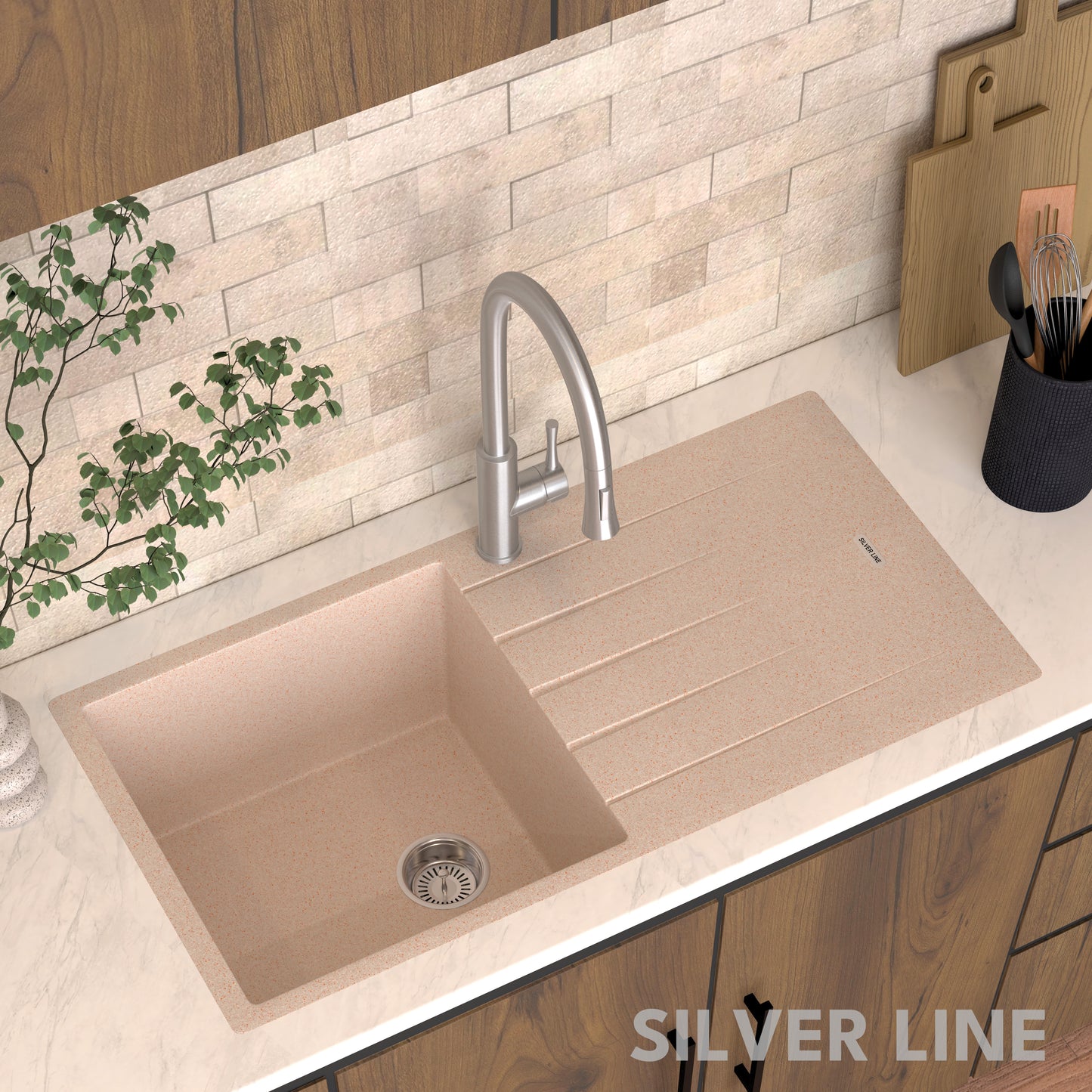 German Quartz Single Bowl Kitchen Sink with Drain Board - Cornflakes (40" x 20" x 9")