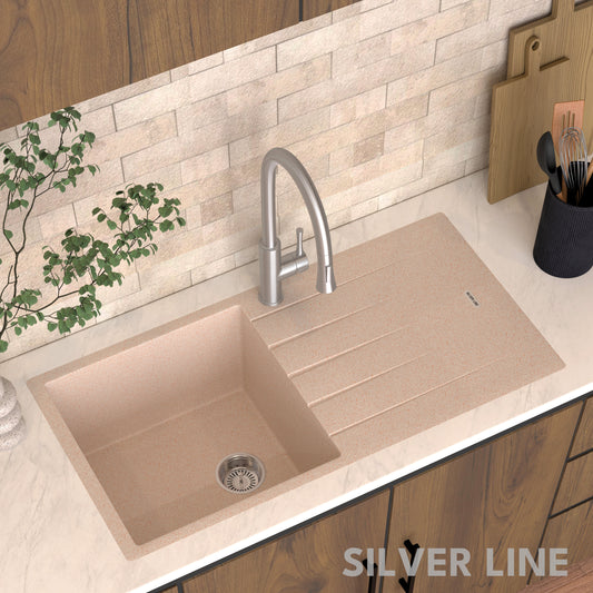 German Quartz Single Bowl Kitchen Sink with Drain Board - Cornflakes (40" x 20" x 9")