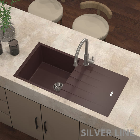 German Quartz Single Bowl Kitchen Sink with Drain Board - Coffee (40" x 20" x 9")