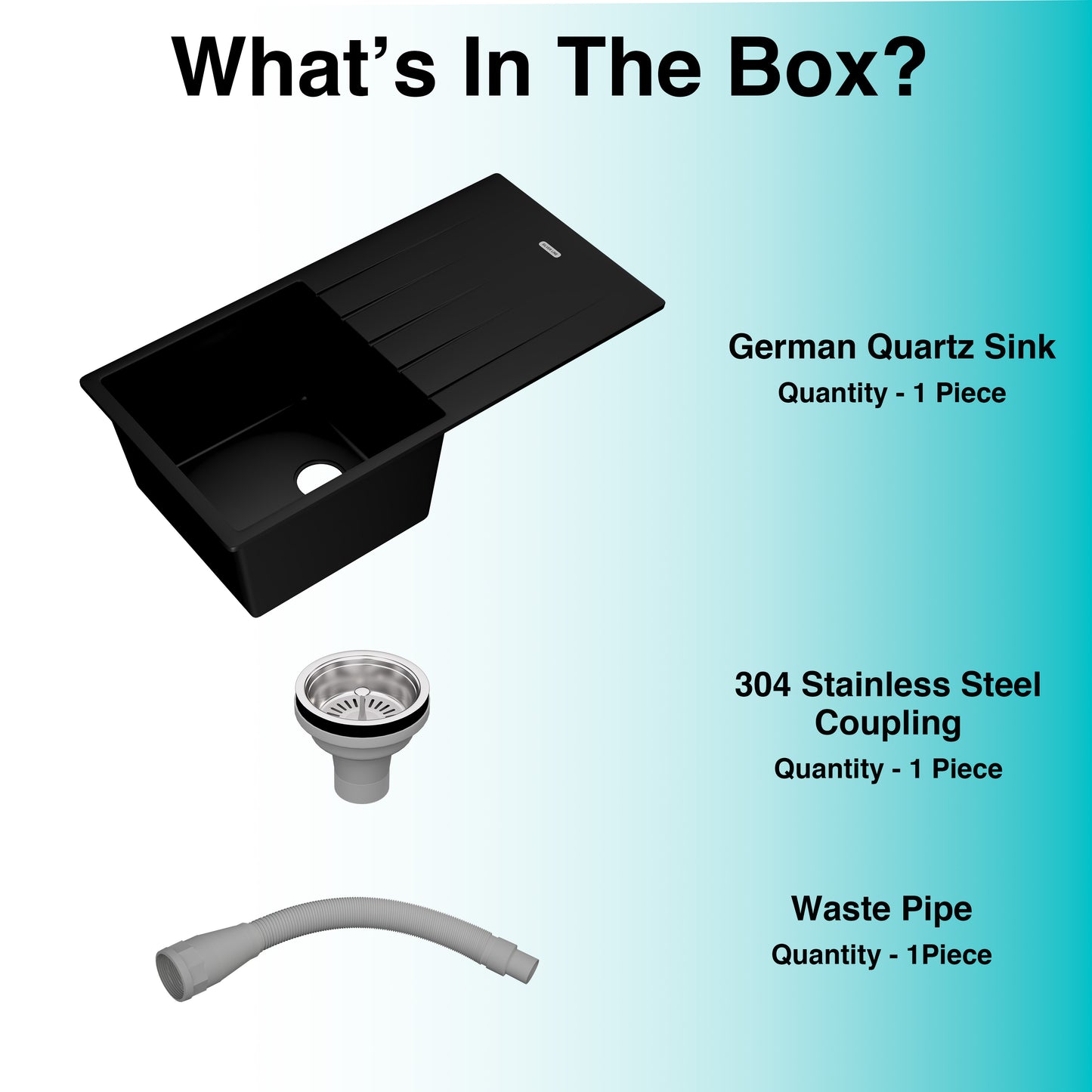 German Quartz Single Bowl Kitchen Sink with Drain Board - Midnight Black (40" x 20" x 9")