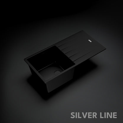 German Quartz Single Bowl Kitchen Sink with Drain Board - Midnight Black (40" x 20" x 9")