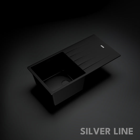German Quartz Single Bowl Kitchen Sink with Drain Board - Midnight Black (40" x 20" x 9")