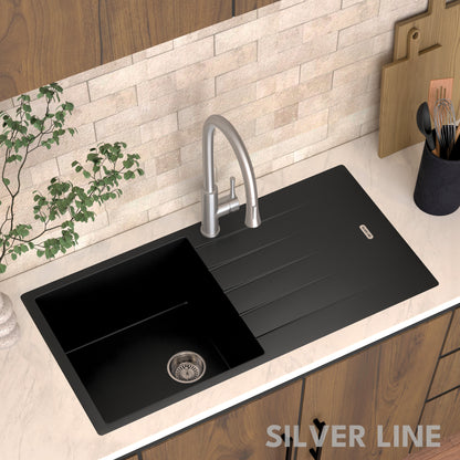 German Quartz Single Bowl Kitchen Sink with Drain Board - Midnight Black (40" x 20" x 9")