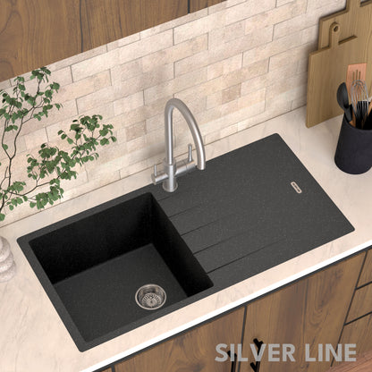 German Quartz Single Bowl Kitchen Sink with Drain Board - Starry Night (40" x 20" x 9")